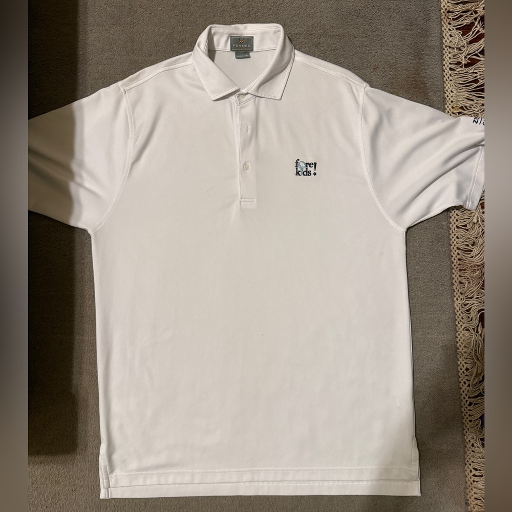 Fennec Men’s Large White Golf Polo NWOT Zurich Classic Fore Kids Logo